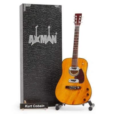 Afbeelding van Kurt Cobain Acoustic miniatuur gitaar replica muziekgeschenken handgemaakt sier 1/4 schaal inclusief displaybox, naamplaatje en gitaarstandaard