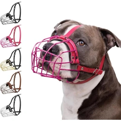 Afbeelding van BRONZEDOG Pitbull metalen masker voor honden, Amstaff, draadmand, pitbull, verstelbare lederen banden grote honden (roze)