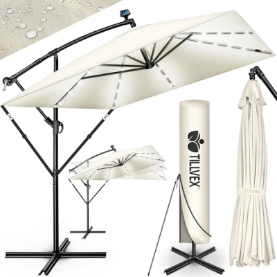 Afbeelding van tillvex® Aluminium Parasol rechthoekig Ø 330 cm met led zonne energie + afdekking zwengel Zweefparasol standaard en windscherm, uv bescherming, waterdicht, 360 graden draaibaar