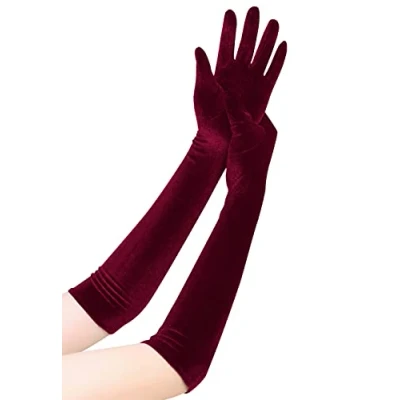Afbeelding van EORUBE Lange Opera Handschoenen voor Vrouwen Fluwelen 1920 Flapper Elastische Elleboog Lengte Halloween Kostuum Handschoenen, Diep Bourgondië, Eén maat
