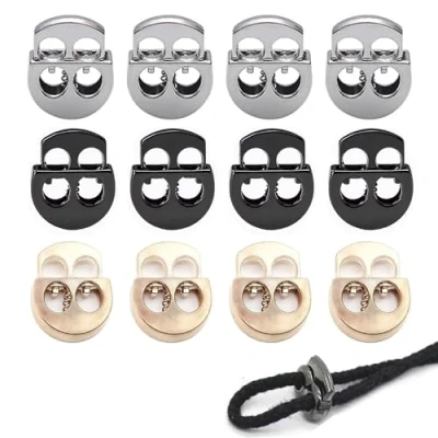 Afbeelding van JDCMEI 12 stuks koordstoppers, koordstopper met 2 gaten, roestvrije veer, metaal, koordsloten, dubbel gat, metalen koordsloten voor kleding, schoenen, shorts, rugzak, trekkoord, tent