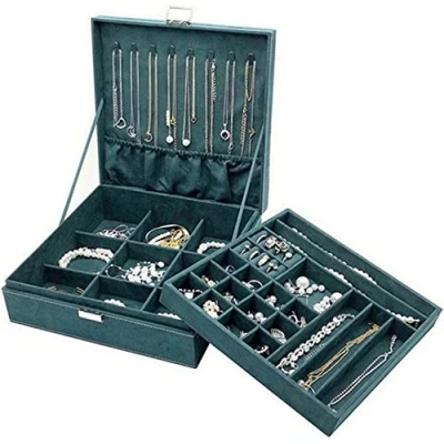 Afbeelding van ProCase Sieradendoos organizer voor Dames, Tweelaags Sieraden Display opbergkoffer met 8 Kettinghangers en Verwijderbare Scheidingswand Oorbellen, Armbanden, Ringen, Horloges Groen