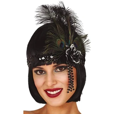 Afbeelding van Charleston luxe hoofdband met veren en kraaltjes paars dames jaren 20 thema Verkleedhaardecoratie
