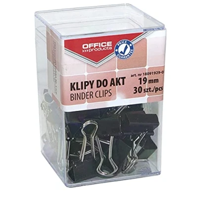 Afbeelding van Office Products Foldback klemmen, 19 mm, 30 stuks, van metaal, zwart/zilver, bestand tegen vervorming, paperclips, transparante doos