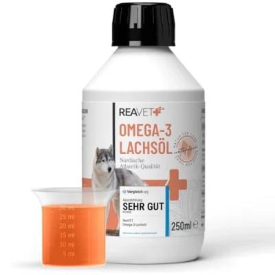 Afbeelding van ReaVET Testoordeel zeer goed 2025 zalmolie voor honden, katten, 250 ml, rijk aan omega 3 &amp; 6, visolie hoge dosis, echte levensmiddelenkwaliteit zonder toevoegingen, vers gevuld in Duitsland