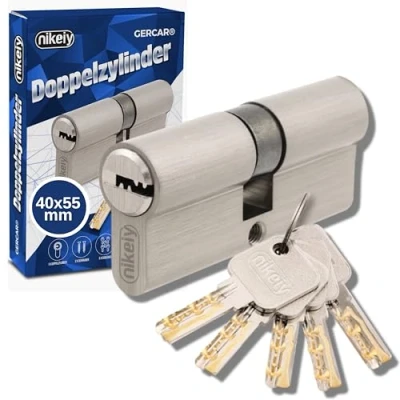 Afbeelding van GERCAR Pro Profielcilinderslotenset, 40/55, massieve slotcilinder, dubbele, cilinderseursloten, van messing vernikkeld inclusief 5 sleutels, keersleutels, lengte: 95 mm, A: 40 B: 55 1x