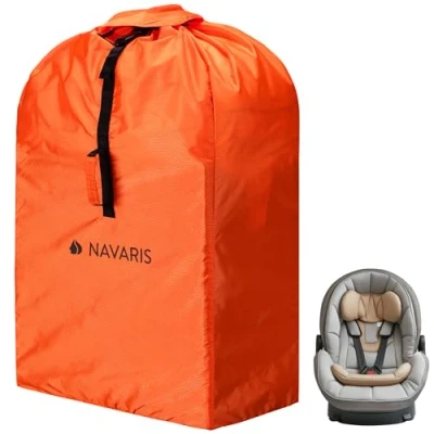 Afbeelding van Navaris waterafstotende autozitje reistas Rugzak met adreslabel 120 x 61 39 cm Autostoel tas Voor kinderstoel auto Oranje