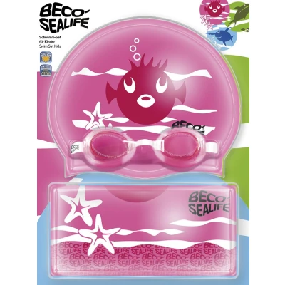 Afbeelding van BECO SEALIFE zwembril setje 2 badmuts en tasje blauw/roze