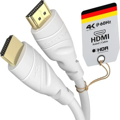 Afbeelding van KabelDirekt HDMI kabel 4K 7,5 m A.I.S Afscherming, ontworpen in Duitsland (voor alle apparaten zoals PS5/Xbox/Switch 4K@60Hz, High Speed met Ethernet, wit)