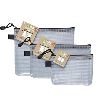 Afbeelding van eco Mini, A5 en Dl 95% gerecycleerde supersterke zakken drievoudig pakket, waterdichte mesh tuff tas, versterkt, zwarte ritssluiting ecoBundle36_37_38,230mm x 125mm