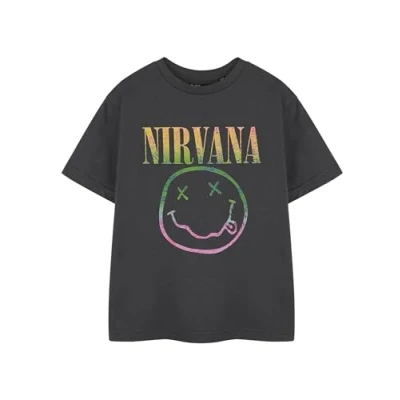Afbeelding van Nirvana Regenboog kinder T shirt Grijs grafisch met regenbooglogo Unisex korte mouwen voor kinderen Rockband merchandise Jeugd Grunge modetop en tieners
