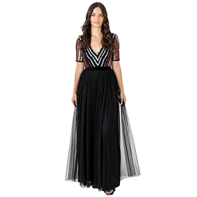 Afbeelding van Maya Deluxe Maxi, damesjurk, bal, gown voor bruiloft, gast, lange V hals, empire taille, korte mouwen, prom, mesh, zwarte jurk, formele Zwart, 36