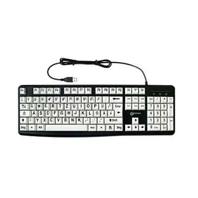 Afbeelding van Geemarc Alfanumeriek toetsenbord met kabel en grote zwarte tekens op witte toetsen Hoog contrast voor slechtzienden Compatibel Windows XP, Vista, 7, 8, 10 QWERTZ