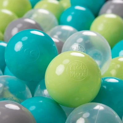 Afbeelding van KiddyMoon 50 ∅ 7cm kinderballen speelballen voor ballenbad baby plastic ballen made in eu, turquoise/lichtgroen/grijs/transparant