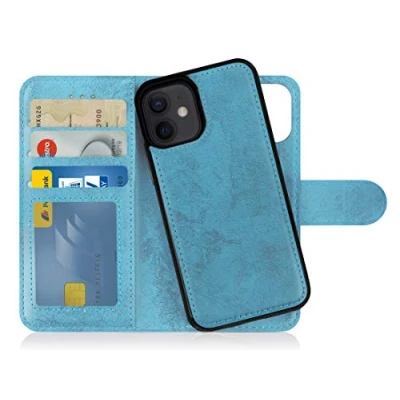 Afbeelding van MyGadget flip case voor iPhone 12 Mini magnetische hoes van synthetisch leer, kaartvak beschermhoes portemonnee lichtblauw