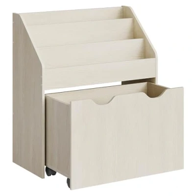 Afbeelding van SONGMICS Speelgoedplank, boekenkast voor kinderen, kinderkamerplank met 3 vakken en uittrekbare speelgoedkist wielen, speelgoedorganizer, kinderkamer, boeken, speelgoed, GKR041N10
