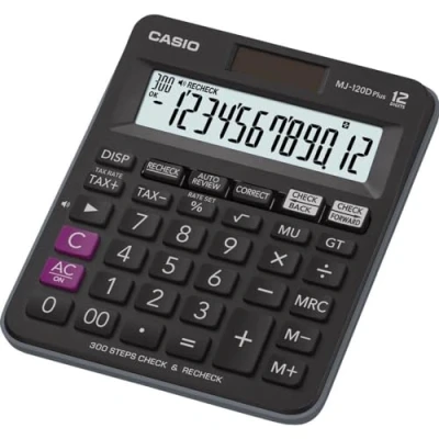 Afbeelding van Casio MJ 120DPLUS Bureaurekenmachine Zwart Aantal displayposities: 12 werkt op zonne energie, batterijen (b x h d) 126.5 28.6 148 mm