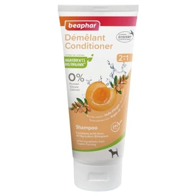 Afbeelding van BEAPHAR ECOCERT 2 in 1 ontwarringsshampoo voor honden bevat aloë vera, arganolie en biologische abrikoos pH neutraal zonder parabenen/siliconen/kleurstoffen alcohol 200 ml