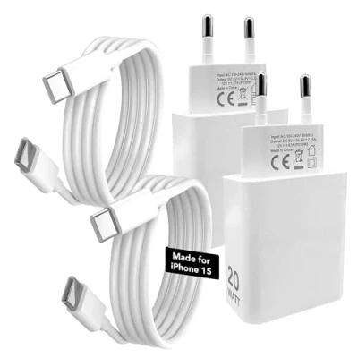 Afbeelding van 4 stuks oplader voor iPhone 15 Pro, Max, met kabel type C, Phonix Italië, 2 AC adapters 15, snel 20 W en USB C oplaadkabels