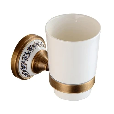 Afbeelding van Antiek brons messing tandenborstelhouder bekerhouder met witte keramische beker, wandgemonteerde badkamer hardware accessoires, porselein ontwerp