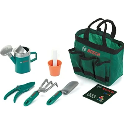 Afbeelding van Klein Toys Bosch tuin 6 delige tuintas schop, hark, plantenpot, gieter, snoeischaar, plantinstructies en stokjes groen