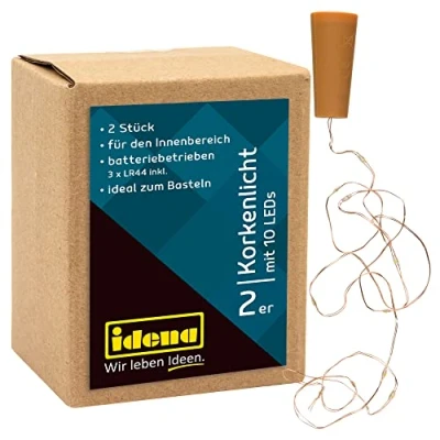 Afbeelding van Idena 31091 LED Micro Flessenlichtketting met 10 in warm wit, 2 stuks, koperdraad kurk, inclusief batterijen, elk ca. 0,97 m lang, als decoratie en voor bruiloft, feesten, Kerstmis