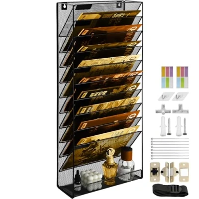 Afbeelding van PLSOPPKG 11 Tier Hangende Muur File Houder, Metalen Mesh Tijdschriftenrek, A4 Pocket Mail Organizer Magazine Opslag Rack, Wandgemonteerde Organizer, Zwart