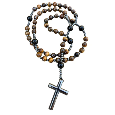 Afbeelding van Ketting Bruin Rozenkrans Kruis Tijgeroog Charme Bijoux