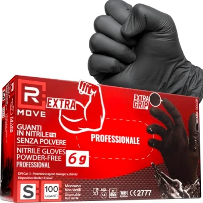 Afbeelding van R MOVE Nitril handschoenen, zwart, 6 gram, extra duurzaam, 60% meer dikte aan de vingers dan 3,5 g, geen poeder, latex, voor monteurs, tatoeëerders, gastronomie, wegwerphandschoenen, maat S