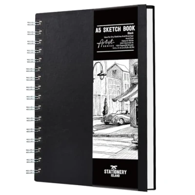 Afbeelding van STATIONERY ISLAND A5 Schetsblok, hardcover schetsboek met 200GSM dik papier, spiraalgebonden A5, tekenblok voor schetsen, portret, 50 vellen / 100 pagina&#039;s