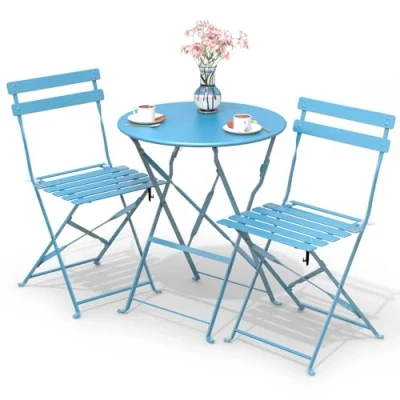 Afbeelding van vounot Bistroset voor buiten, 3 delig, met tafel en 2 klapstoelen van staal, balkon, terras tuin, blauw