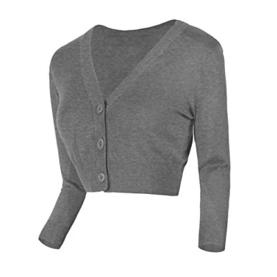 Afbeelding van Urban GoCo Dames V hals kort gebreid vest 3/4 mouwen, grijs (heather gray), M