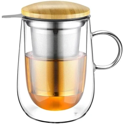 Afbeelding van glastal 430 ml mok van borosilicaatglas, theekopje met filter roestvrij staal, geschikt voor groene thee, zwarte theezakjes, melk