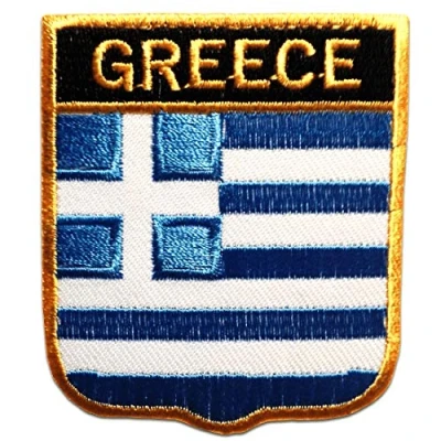 Afbeelding van Lapjes Appliqués Griekenland Hellas vlag banner overdrukplaatjes opzetstukken Applicaties opnaaien opstrijken Lap Patches, Maat: 7,5 x 6,5 cm