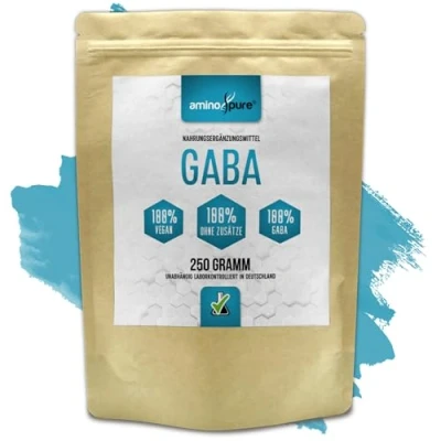 Afbeelding van aminopure® GABA poeder puur gamma aminoboterzuur zonder additieven 100% veganistisch en getest op schadelijke stoffen in laboratorium met certificaat 250 gram