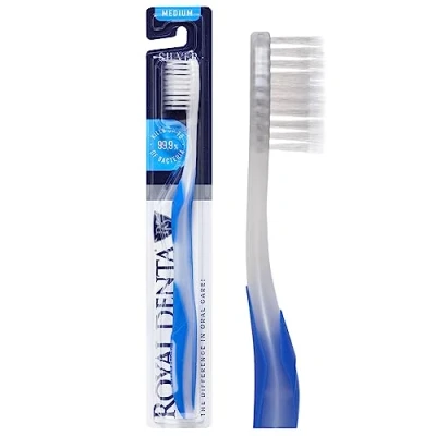 Afbeelding van Royal Denta Handmatige middelgrote tandenborstel voor volwassenen, flossen met zilveren deeltjes om bacteriën te voorkomen, blauw