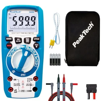 Afbeelding van PeakTech 3444 True RMS Digitale multimeter, waterdicht (IP67), 6000 counts, extreem robuuste behuizing, handmultimeter, ledlamp, spanningsmeter, doorgangtester, meetinstrument, stroom CAT III 1000 V