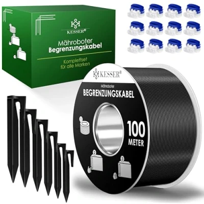 Afbeelding van KESSER® Begrenzingskabel 100 m + 350 grondpennen 12 kabelconnectoren voor robotmaaier, accessoireset, begrenzingsdraad, universeel compatibel met Gardena/Bosch/Worx/Einhell/Honda/ROBOMOW