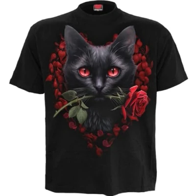 Afbeelding van Spiral Cat&#039;s Love T shirt met print op de voorkant Zwart, S