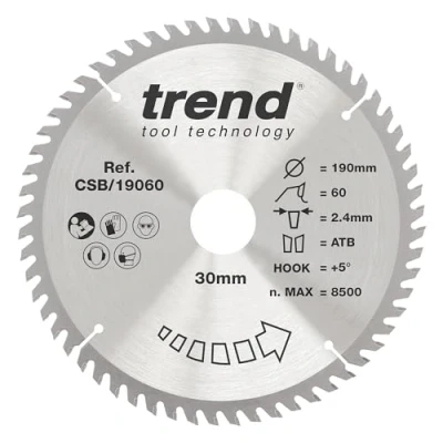 Afbeelding van Trend CraftPro TCT cirkelzaagblad voor fijne afwerking, 190 mm x 60 tanden 30 asgat, wolfraamcarbide getipt, CSB/19060