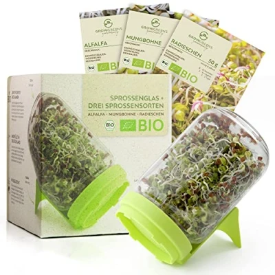 Afbeelding van Kiemglas, set met 3 biologische zaden van kiemen, microgroene kweekset voor knapperige kiemscheuten, alfalfa, mungbonen, radijs)