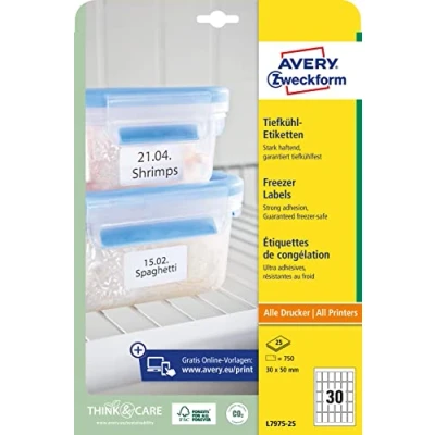 Afbeelding van AVERY Zweckform L7975 25 Diepvriesetiketten (750 stickers, 30 x 50 mm op A4, zelfklevend, temperatuurbestendige en diepvriesbestendige zelfklevende etiketten voor diepvriesproducten, bedrukbaar)