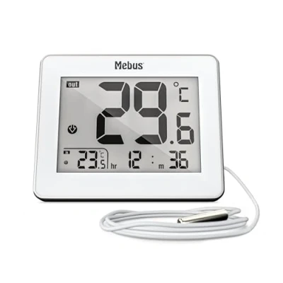 Afbeelding van Mebus digitale thermometer met bekabelde buitensensor meet binnen en buitentemperatuur, tijd, min/max waarden, metalen behuizing, kleur: wit, model: 01074