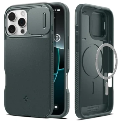 Afbeelding van Spigen Optik Armor MagFit Case voor iPhone 16 Pro Max, Compatibel met MagSafe accessories hoesje Abyss Green
