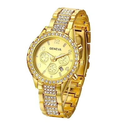 Afbeelding van JewelryWe Dameshorloge roestvrij staal horloges dames elegant glitter strass analoog kwarts polshorloge met stalen armband goud casual horloge voor vrouwen mannen, goud,