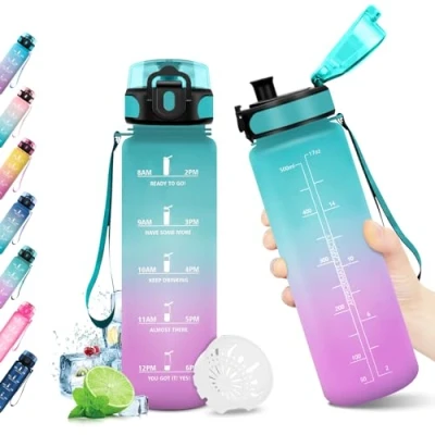 Afbeelding van KollyKolla drinkfles voor kinderen, 500 ml, met tijdweergave, school, BPA vrij, motiverende meisjes, sport, fietsen, kamperen