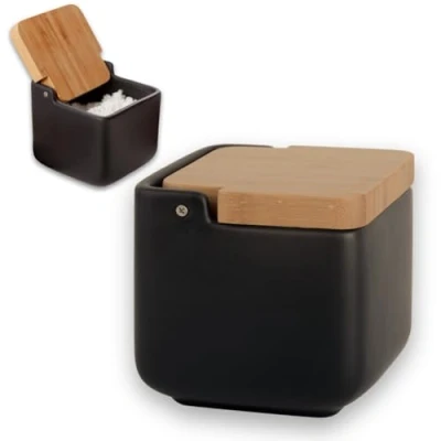 Afbeelding van zoutpot keramiek met klapdeksel van bamboe, praktische en zoutcontainer voor de keuken, zoutvat deksel, ideaal als zoutpot, zwart, 11,2 x cm