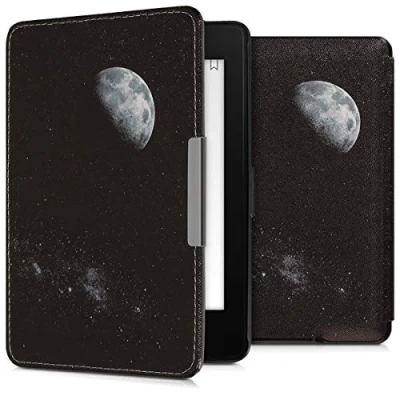 Afbeelding van kwmobile E reader hoesje geschikt voor Amazon Kindle Paperwhite hoes flip case met magnetische sluiting Ereader cover Maan design in lichtgrijs / zwart