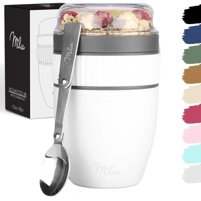 Afbeelding van Milu müsli Cup to go 400 ml, kunststof yoghurtbeker, mueslibeker, lekvrije beker met yoghurt /paplepel (wit)