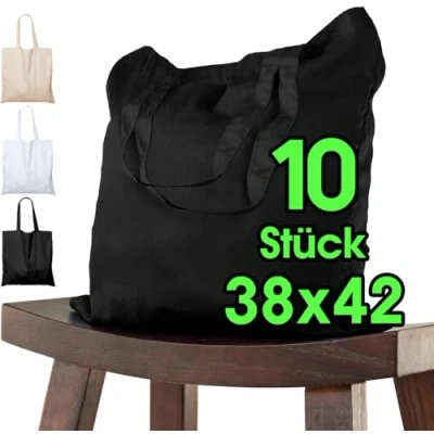 Afbeelding van katoenen opvangzak 38x42 10 stuks zwart voor kinderen met KORT handvat Unbedded OEKO TEX® gecertificeerd stoffen tas, draagtas, 140 g/m dikke boodschappentas